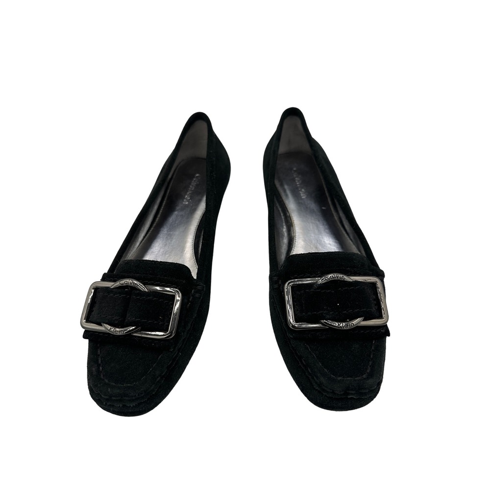 Calvin Klein Black Suede Loafer Flats with Silver Buckle - Women's